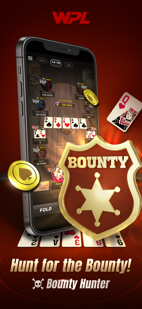 WPL World Poker League mobile interface showing the Bounty Hunter tournament mode with a gold sheriff badge