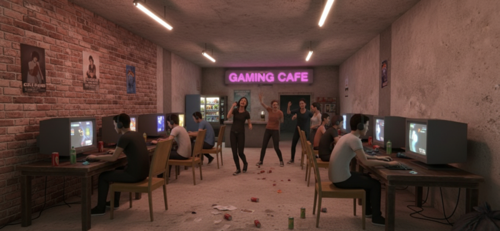 Clienti che utilizzano computer in un internet café virtuale.