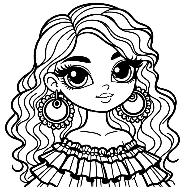 big-eyed woman with wavy hair and round earrings in a flamenco dress