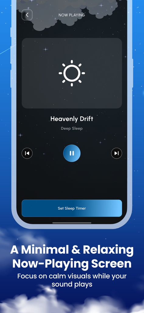 Deep Sleep Sound - The now-playing screen of the Deep Sleep Sound app featuring playback controls and a sleep timer button