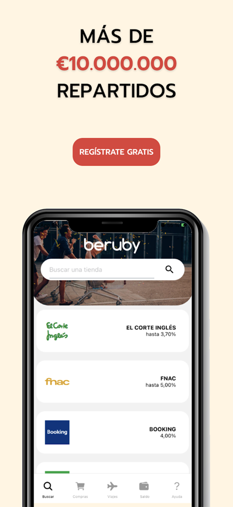Interfaz de la aplicación móvil beruby cashback que muestra varias ofertas de tiendas minoristas y de viajes.