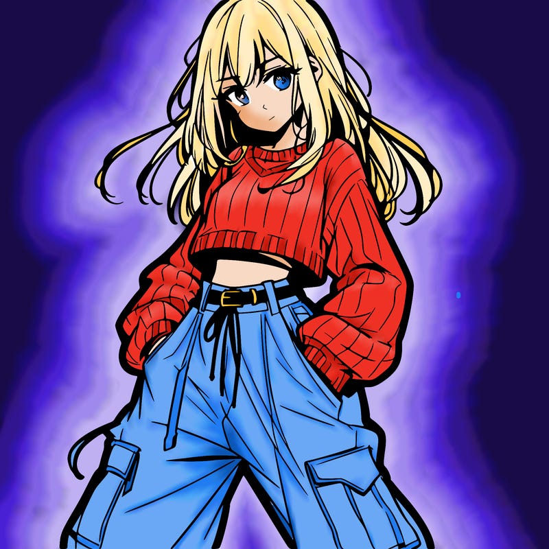 anime teen girl with baggy pants and crop top with sweater