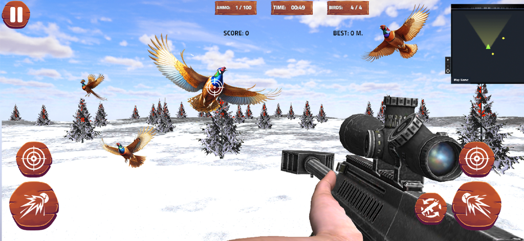 Pheasant Bird Hunting Game 3D - First person sniper view hunting pheasants in a snowy 3D forest environment