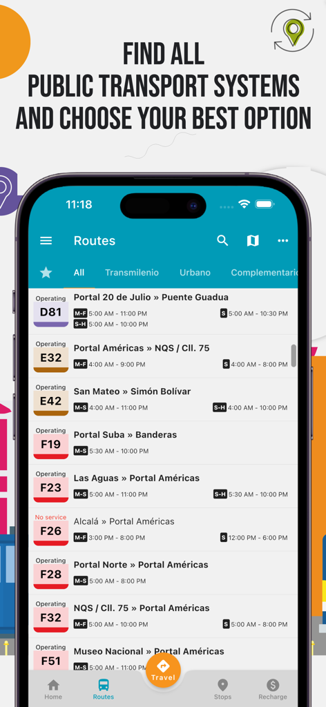 TransmiSitp MoviliXa - Una pantalla de aplicación móvil que muestra una lista de rutas de autobús Transmilenio y SITP en Bogotá con sus horarios de operación.