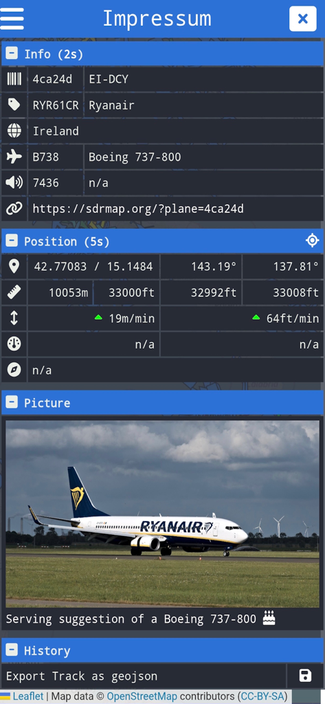 Radar Map - A detailed aircraft information screen in the Radar Map app showing flight data and a photo of a Ryanair Boeing 737