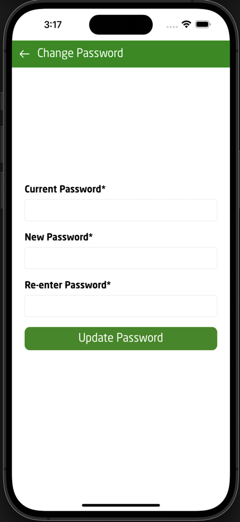 The change password screen of the PERC App with form fields for current and new passwords.
