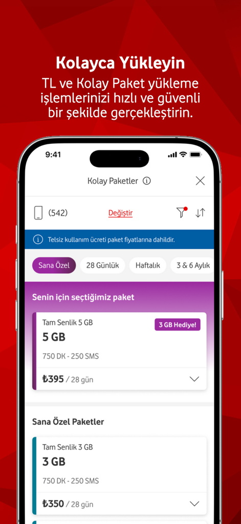 Screenshot of the Vodafone Yanimda app showing mobile data and call top-up package options
