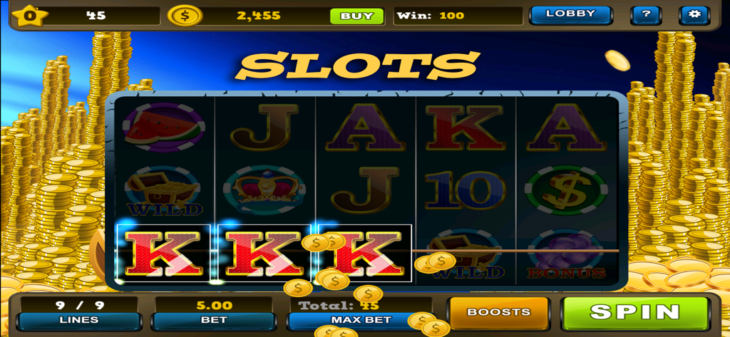 Lucky Slots Casino Game - Lucky Slots Casino Game screenshot showing a winning combination of three K symbols and falling gold coins