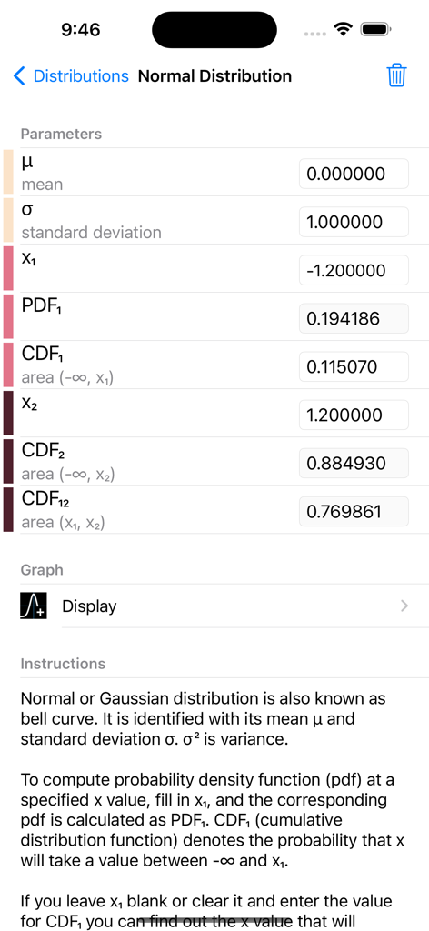 Statistics Calculator++ - Normal distribution calculation screen showing mean, standard deviation, and cumulative distribution function parameters.