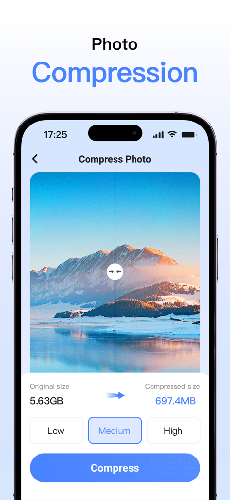 Pantalla de smartphone que demuestra la herramienta de compresión de fotos reduciendo el tamaño del archivo de 5,63 GB a 697,4 MB para ahorrar espacio de almacenamiento.