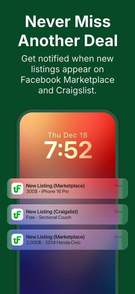 Écran de verrouillage de l'iPhone montrant les notifications Flipify pour les offres du marché et de Craigslist