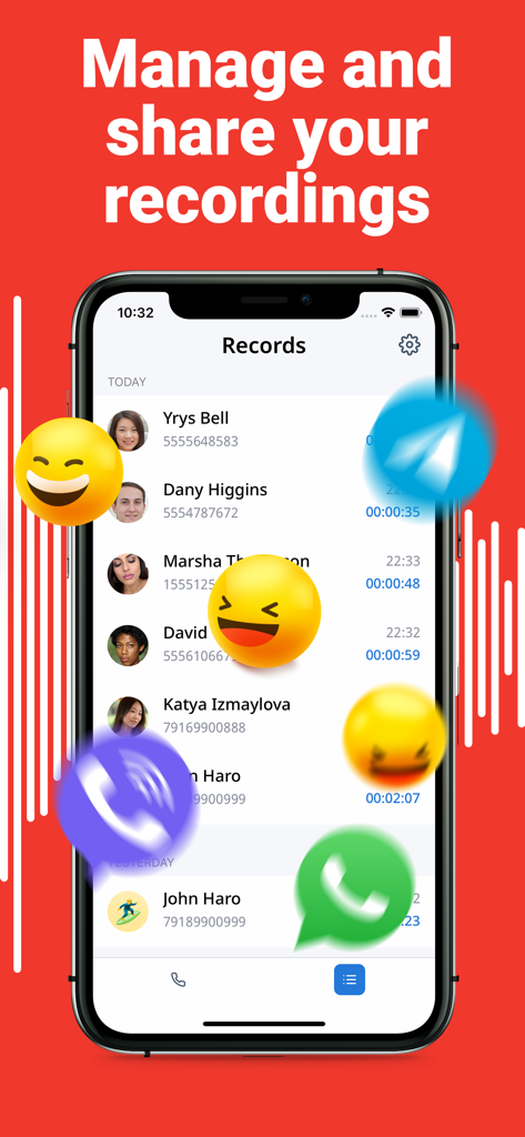 Call Recorder HD - Call Recorder HD app interface showing a list of recorded calls with management and sharing options