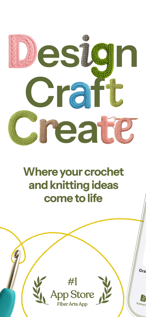 Loopsy 앱 프로모션 화면으로, 뜨개질 및 코바늘 글자로 'Design Craft Create' 텍스트와 최고 평점 앱 스토어 수상 배지가 특징입니다.