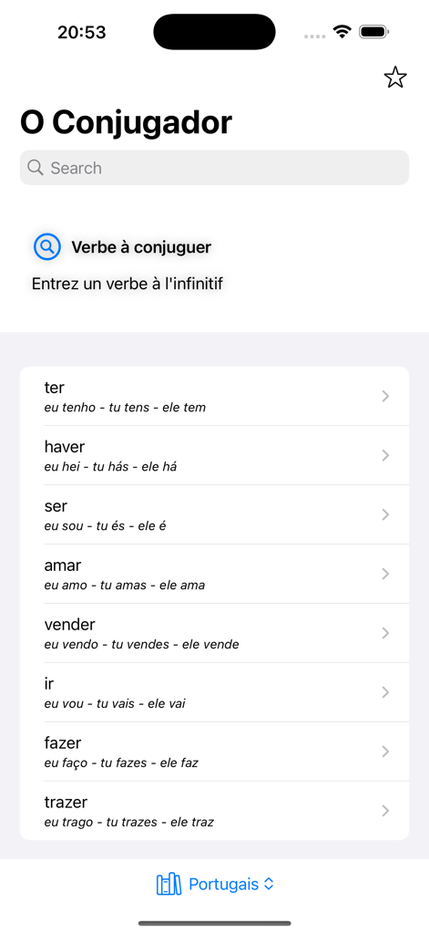 Il Coniugatore app interface showing a list of common Portuguese verbs and their present tense conjugations.