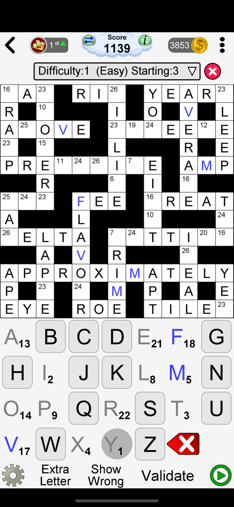 Word Games - Una interfaz de puzle de criptograma en la aplicación móvil Juegos de Palabras que muestra una cuadrícula de letras y configuraciones de dificultad.