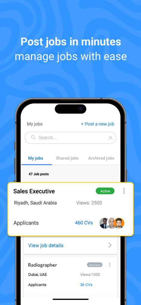 Bayt.com for Employers app interface showing job listings and applicant stats for positions in Riyadh and Dubai