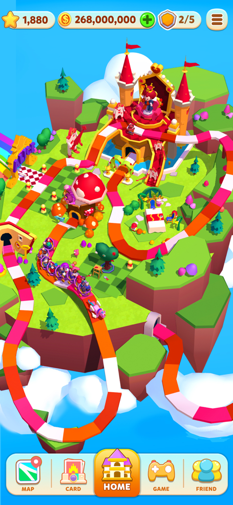 Carnival Tycoon: Coin Games - Captura de pantalla del juego de Carnival Tycoon que muestra una isla temática de Alicia en el País de las Maravillas con un castillo y una montaña rusa.