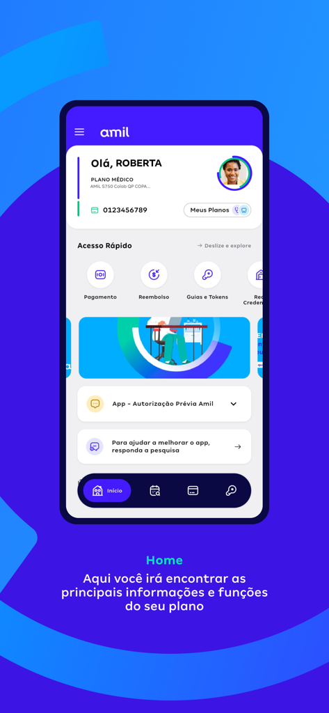 Amil Clientes app home screen interface showing plan details and quick access menu