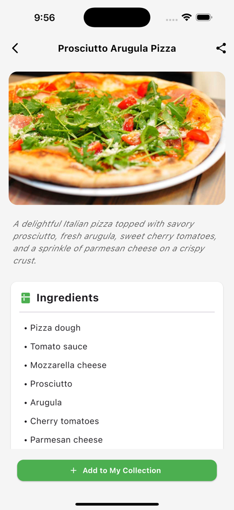 AI Food Recipe Identifier - Application Identificateur de Recettes Alimentaires par IA affichant une recette de pizza Prosciutto et Roquette incluant la photo, les ingrédients et un bouton de sauvegarde