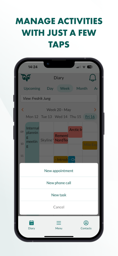 SuperOffice Mobile CRM app interface showing the diary view and a menu to add new appointments or tasks