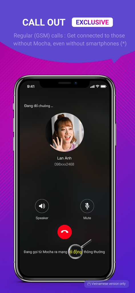Pantalla de llamadas de la aplicación Mocha que muestra la función exclusiva de llamadas GSM salientes para números de teléfono regulares