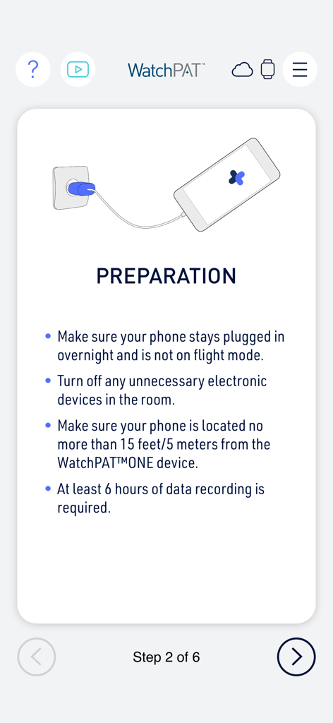 WatchPAT app screen showing preparation steps for a home sleep test.