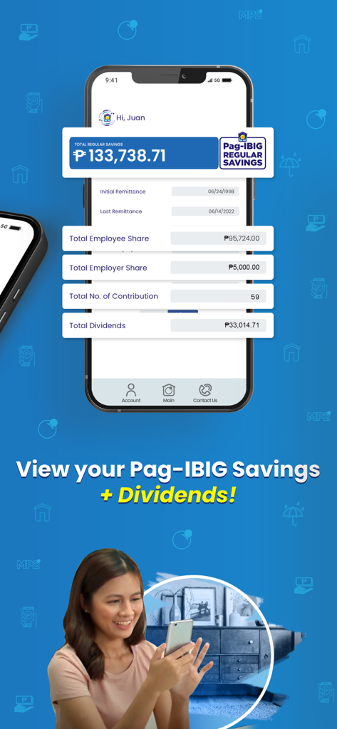 Virtual Pag-IBIG - バーチャルPag-IBIGの普通貯蓄残高と配当金の詳細が表示されたモバイル画面。