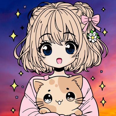 manga girl with kawaii cat
