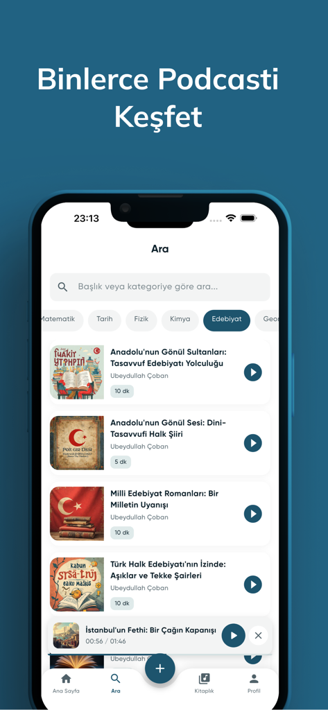 The PodRise app discovery screen showing a library of AI-generated podcasts organized by categories like History and Literature.