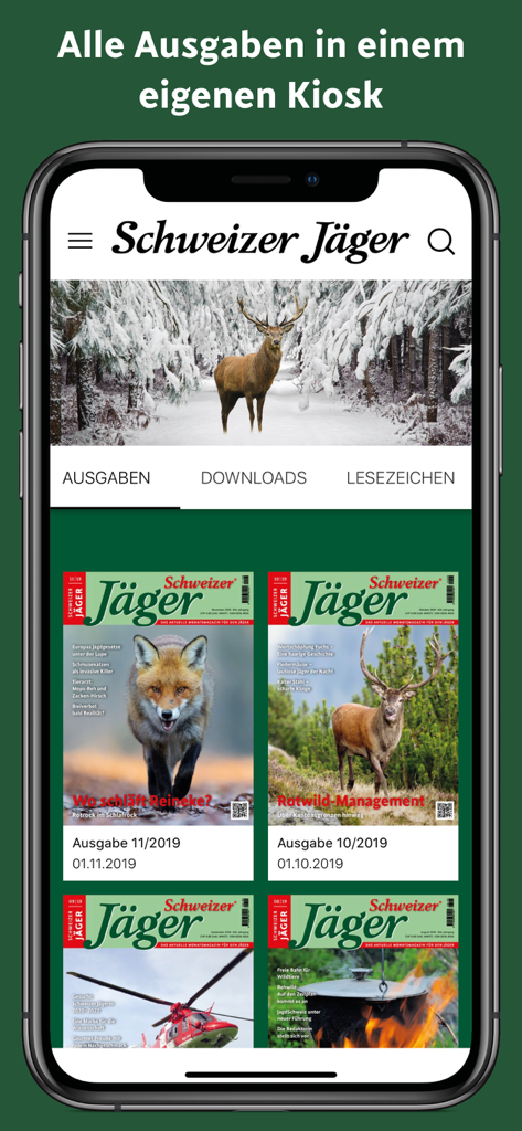 The Schweizer Jäger app interface showing a digital kiosk with various hunting magazine issues.