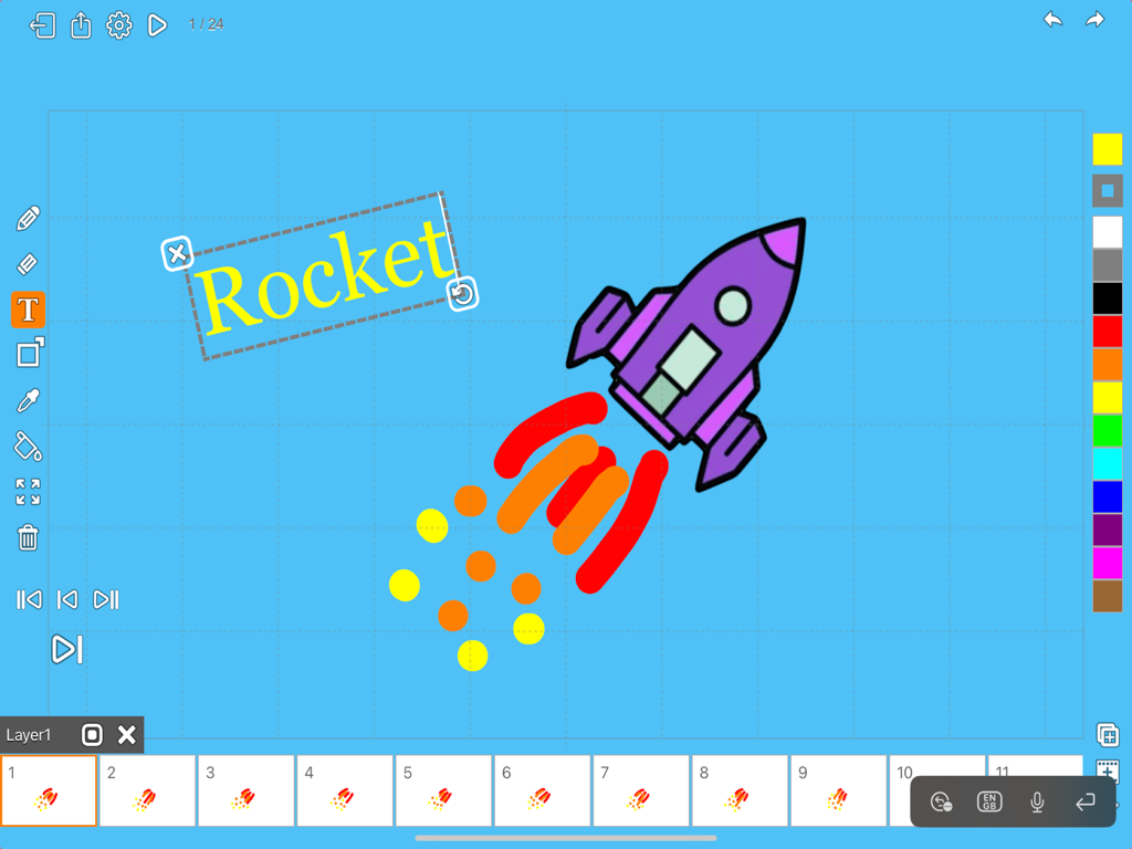 Animator Plus - Interface of the Animator Plus app on iPad showing a rocket drawing and frame by frame animation timeline.