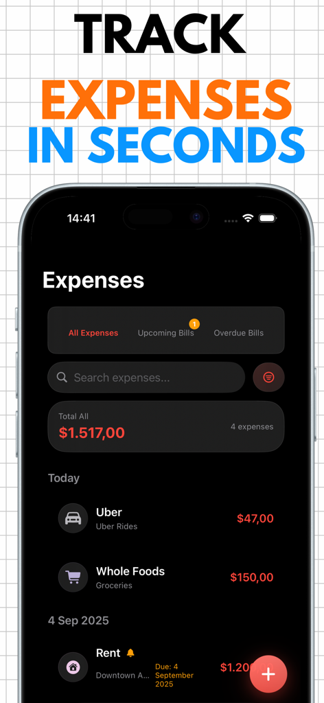 Actual Budget app interface showing a list of recent expenses in dark mode.