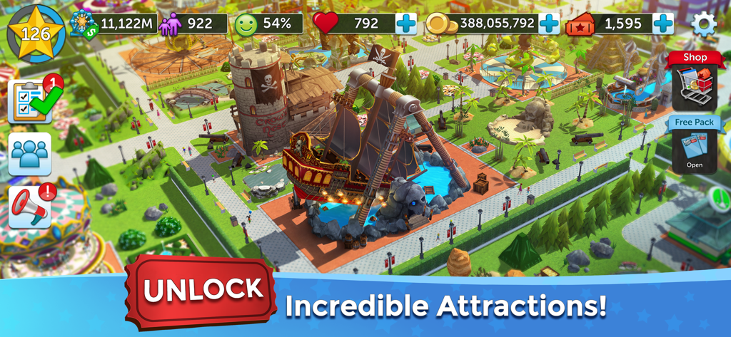 A 3D theme park simulation featuring a large pirate ship ride and various attractions with an unlock text overlay
