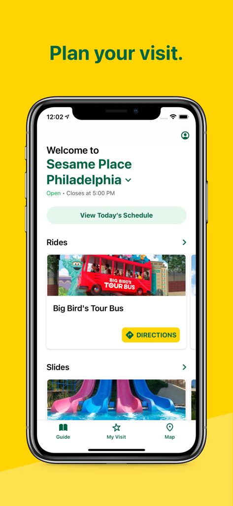 Sesame Place - Interfaz de la aplicación Sesame Place que muestra la pantalla de planificación de visita con atracciones del parque y horario