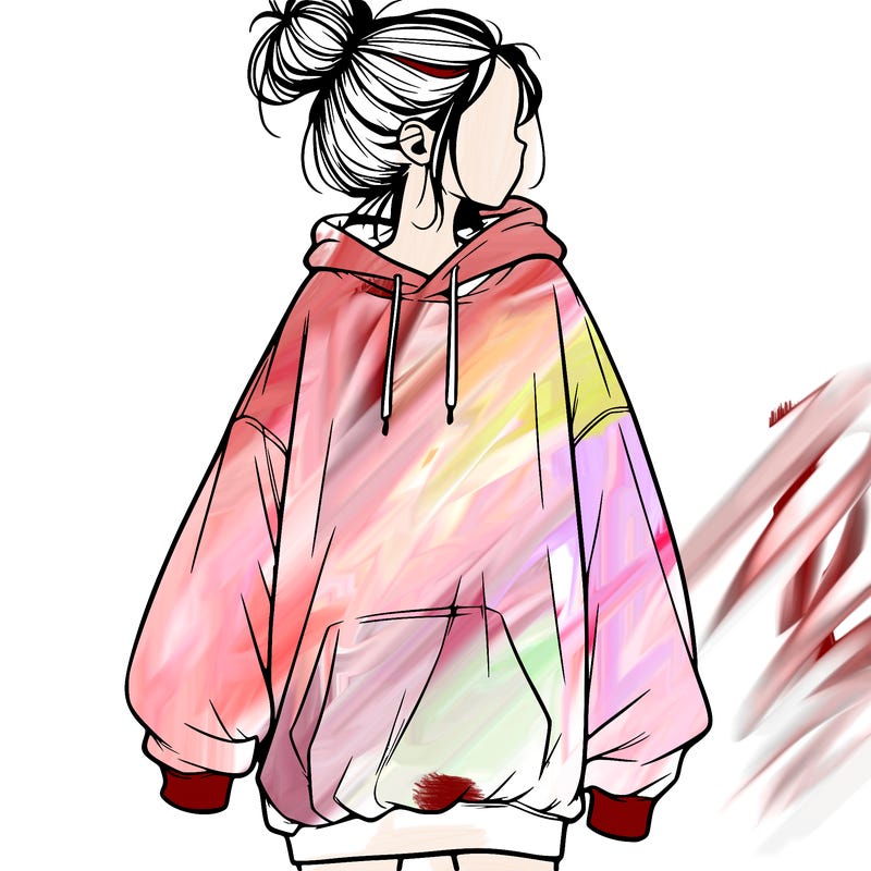 realistic girl with a oversized sweatshirt on and a bun