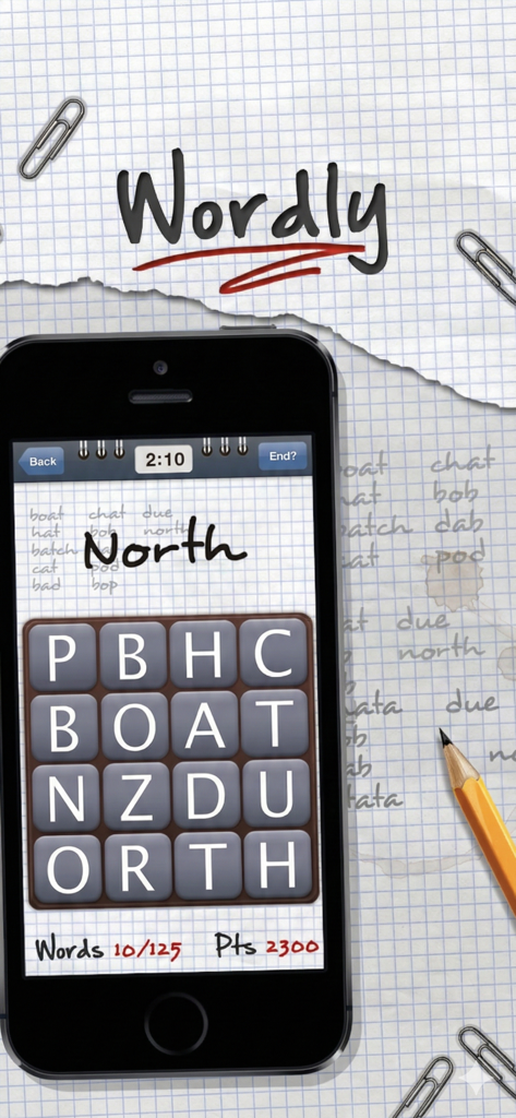 Wordly® - iPhone screen displaying the Wordly word search game interface on a graph paper background