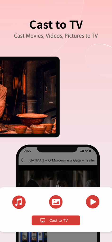 MagiConnect T-Cast app interface showing options to cast movies videos and pictures from an iPhone to a TV