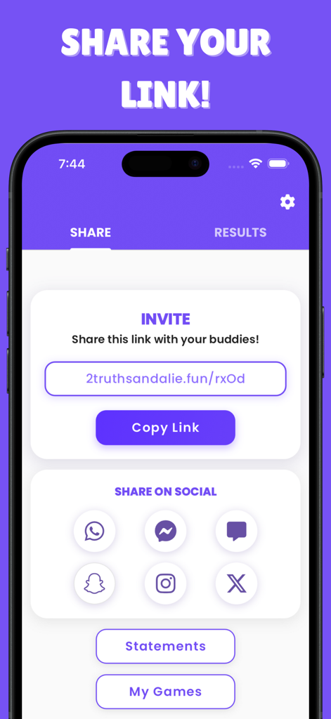 2 Truths and a Lie - A mobile app screen showing a shareable link and social media icons for the 2 Truths and a Lie game