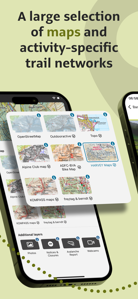 Outdooractive - Interface de aplicativo móvel mostrando vários mapas topográficos profissionais e redes de trilhas específicas por atividade no Outdooractive