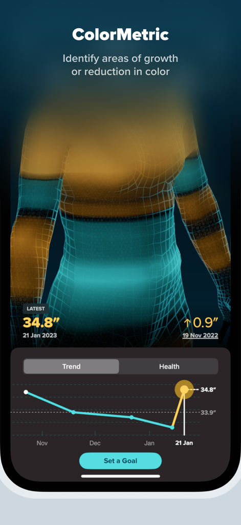Interface de l'application ZOZOFIT montrant la fonctionnalité de scan corporel 3D ColorMetric avec des graphiques de suivi des progrès