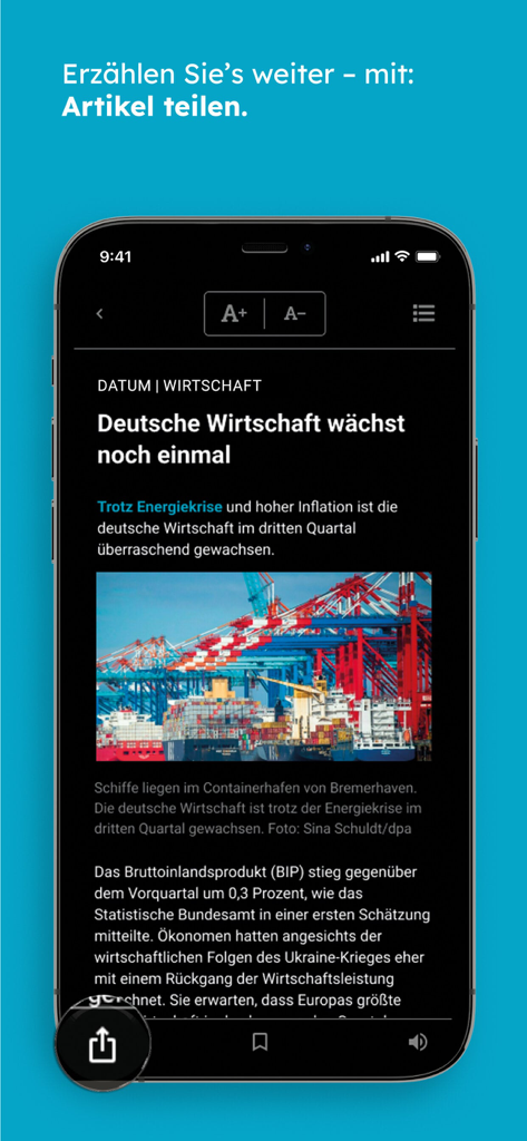 A news article about the German economy displayed on the SÜDWEST PRESSE app interface with sharing and audio options.