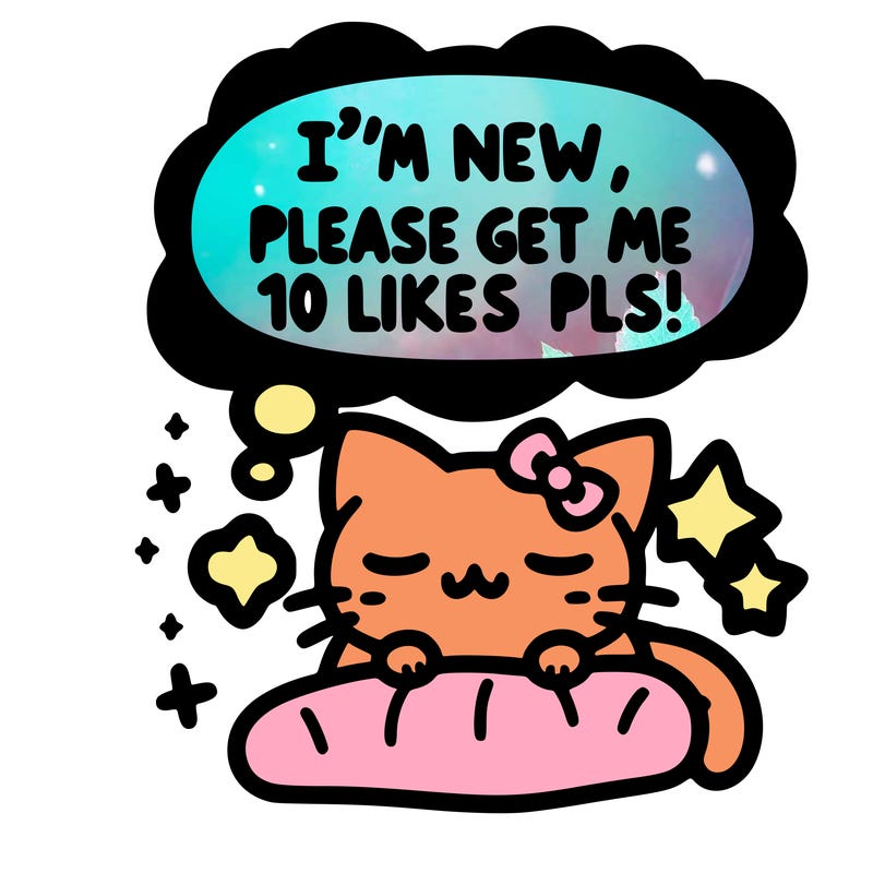 kitty taking a nap dream talking and saying "i'm new, please get me at least 10 likes pls!!"