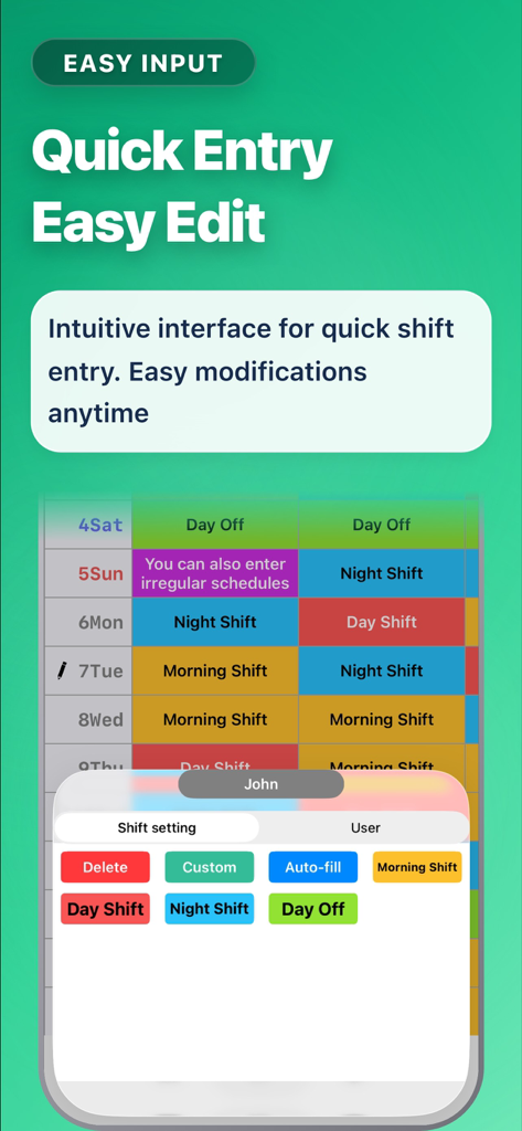 Shift management app! - Interface do aplicativo móvel para entrada rápida de turnos com uma escala codificada por cores