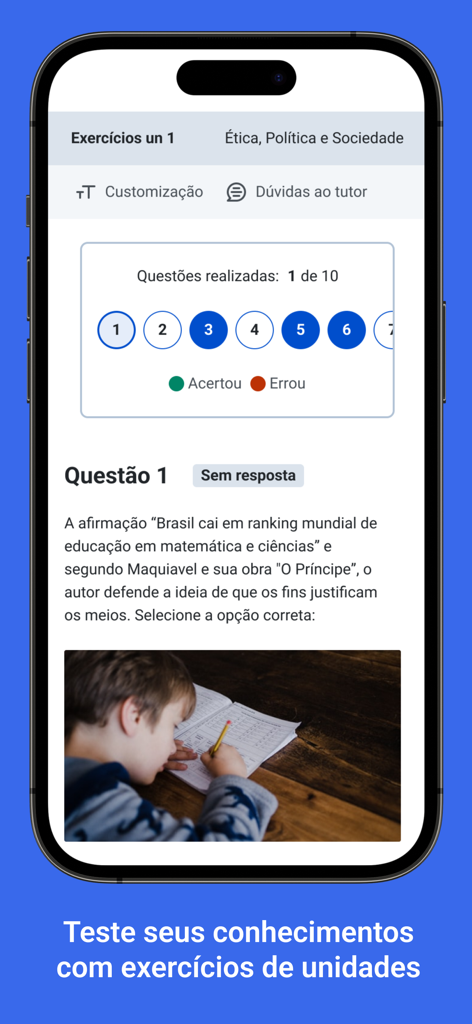 Interfaz móvil de la aplicación Anhanguera Aluno que muestra un cuestionario para un curso sobre ética, política y sociedad.