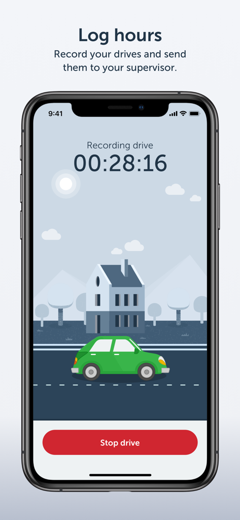 myLearners app screen displaying a recorded driving session with a timer and stop button