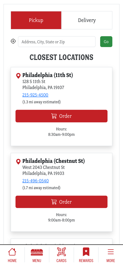 PrimoHoagies® - PrimoHoagies mobile app store locator screen showing closest sandwich shop locations in Philadelphia