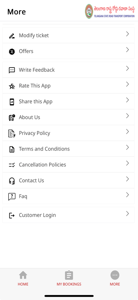 Uma captura de tela do menu de mais opções no aplicativo de reserva de ônibus da TGSRTC mostrando configurações e links de suporte