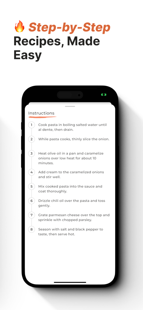 Chef Engine AI 레시피 앱에 표시되는 파스타 요리에 대한 단계별 요리 지침