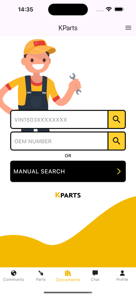 KPARTS - Auto Parts Catalogs - KPARTS app search screen featuring VIN and OEM number search bars with a mechanic illustration