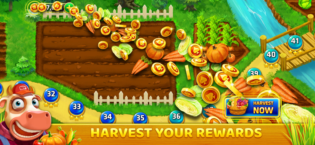 A vibrant farm scene in Solitaire Tripeaks where a player harvests vegetable crops and collects gold coins.